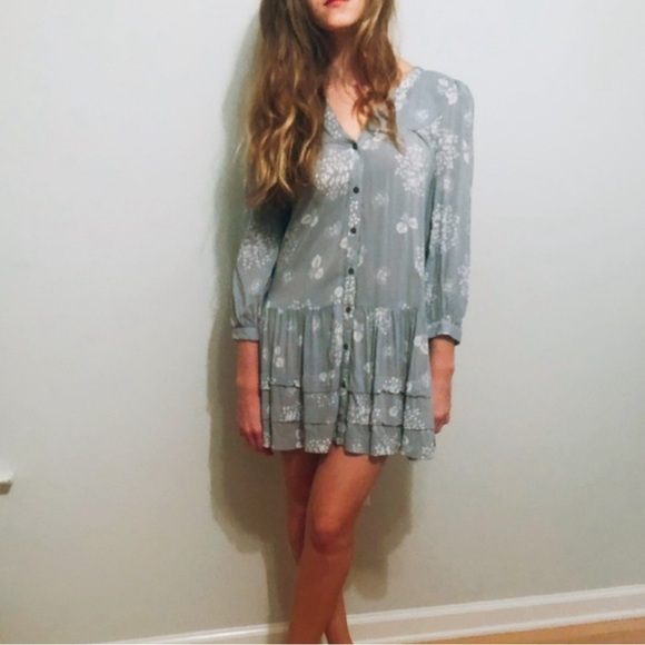 Anthropologie Holding Horses grey floral button up 3/4 sleeve boho tunic dress - Picture 2 of 9